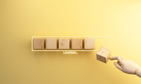 Loading. wooden cartoon hand putting wood cube in progress bar. 3d renderingの写真素材