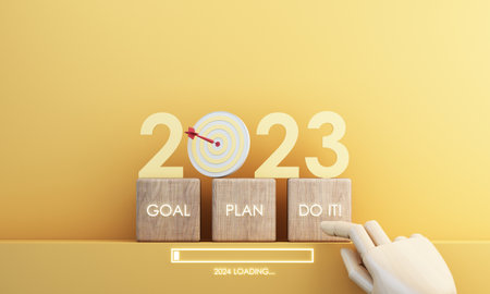 Countdown start new year 2023 with the vision and perspective of planning to achieve goals. concept for the future business and management. in cartoon illustration on yellow background. 3d renderingの写真素材