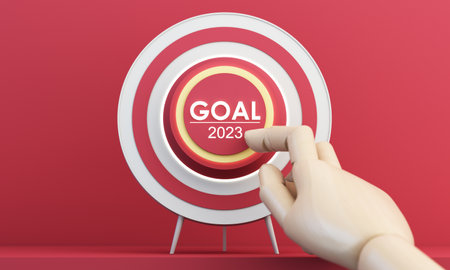 Countdown start new year 2023 with the vision and perspective of planning to achieve goals. concept for the future business and management. in cartoon illustration on red background. 3d renderingの写真素材