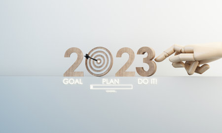 Countdown start new year 2023 with the vision and perspective of planning to achieve goals. concept for the future business and management. in cartoon illustration on white background. 3d renderingの写真素材