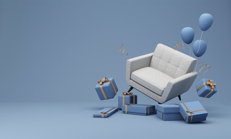 Flash sale banner template Special offer discount concept Sale of home decorations and furniture During promotions. surrounded by sofas chairs and advertising spaces. pastel background. 3d renderの写真素材