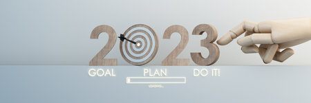 Countdown start new year 2023 with the vision and perspective of planning to achieve goals. concept for the future business and management. in cartoon illustration on pastel background. 3d renderingの写真素材