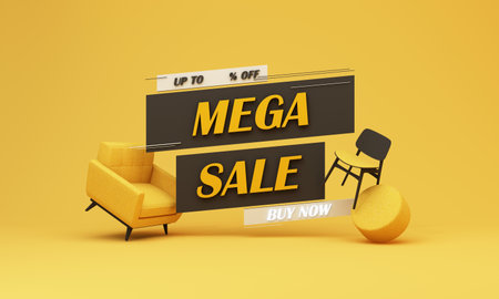 Flash sale banner template Special offer discount concept Sale of home decorations and furniture During promotions. surrounded by sofas chairs and advertising spaces. pastel background. 3d renderの写真素材