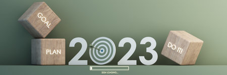 Countdown start new year 2023 with the vision and perspective of planning to achieve goals. concept for the future business and management. in cartoon illustration on pastel background. 3d renderingの写真素材