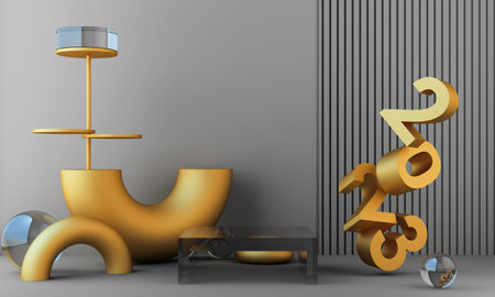 Letters gold texture of 2023 in the concept of New Year, white marble color tones, surrounded by...