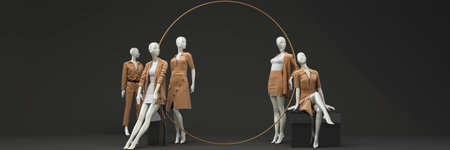 Statue of model mannequin in gold for showcasing fashion formal clothes in an abstract concept. on stone pallet geometric product stand. isolate on black background with promotion sale. 3d renderingの写真素材