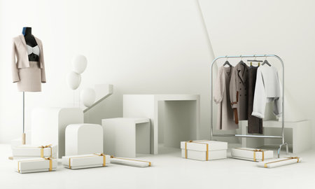 Fashion lifestyle concept Mannequins with space for promotional advertisements on sales and podiums. product show stand and geometric shape. on white background. 3d renderingの写真素材