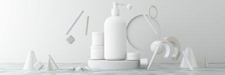 cosmetic product mockups on geometric podiums. Background and geometric shape on the water for...