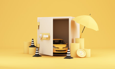 Car protection and safety assurance concept, car insurance web banner design. cars in  protect  safe with money and traffic cone and umbrella on yellow background. cartoon realistic 3d renderingの写真素材