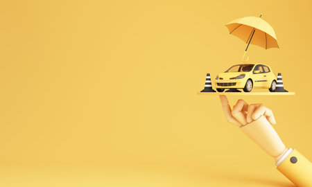 Car protection and safety assurance concept, car insurance web banner design. yellow cars under the umbrella with traffic cone and business hand on yellow background. cartoon realistic 3d renderingの写真素材