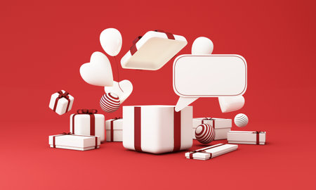 Valentines day background with balloons love heart pattern and gift box with geometric shape. Valentine's day pink background, Abstract mock up with product stand for wedding card. cartoon 3d renderの写真素材