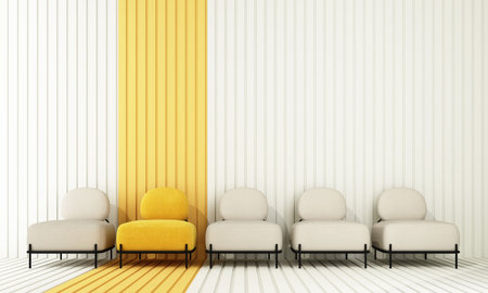 Interior of the room in plain monochrome light yellow color with chair and armchair. Light background with copy space. 3D rendering for web page, presentation or product designの写真素材