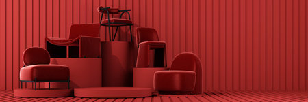 Interior of the room in plain monochrome light red color with chair and armchair. Light background with copy space. 3D rendering for web page, presentation or product designの写真素材