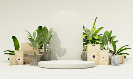 Gardening Tools and Plants pot isolate and shopping bag with  with seed package, cardboard box, garden shop and product stand on green background. realistic 3d render Illustrationの写真素材