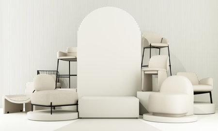 Interior of the room in plain monochrome light color with chair and armchair. Light background with...