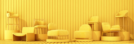 Interior of the room in plain monochrome light yellow color with chair and armchair. Light...
