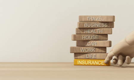 Model wooden hand moving wooden stick with text in concept of life insurance and security future financial plans and stability. 3d renderingの写真素材