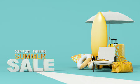 Beach equipment on yellow background - sunglasses, suitcase, volleyball, swimming ring and...