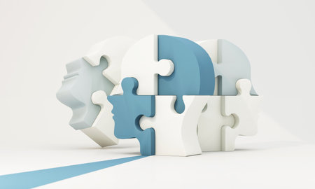 Set of different human heads. People compiling head puzzle with missing pieces or creating people's identity. health care, no illness and insurance. 3d renderingの写真素材