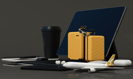 Travel planning with laptop and online booking with a suitcase and a model airplane next to it along with gadgets. 3d renderingの写真素材