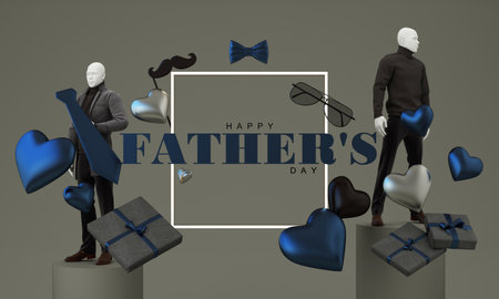 Father's Day poster or banner template with necktie and mannequin on gray background. Greetings and presents for Father's Dad. Promotion and shopping template for love dad. 3d renderingの写真素材