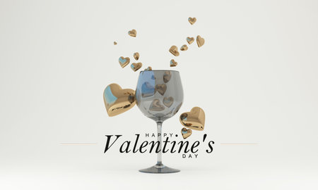 Wallpaper in the concept of the month of love and Valentine's Day. Include heart shapes and balloons for wedding cards or advertisements. On a white background with a glass of wine. 3D rendering.