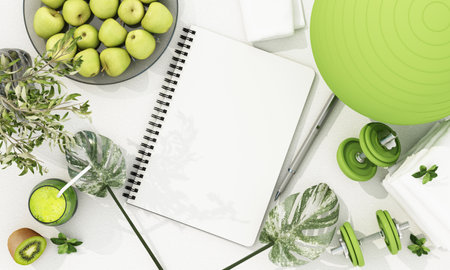 healthy concept and exercise with exercise equipment and green apple and kiwi fruit juices. on a white background surrounded by natural objects. 3d renderingの写真素材