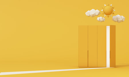 interior design concept Sale of home decorations and furniture During promotions and discounts, it is surrounded by sun and cloud rmchairs and advertising spaces banner. pastel background. 3d renderの写真素材