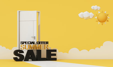 3d render, white clouds going through, flying out the open door, objects isolated on bright yellow background. Abstract metaphor, modern minimal concept. Surreal dream scene. Summer sales.の写真素材