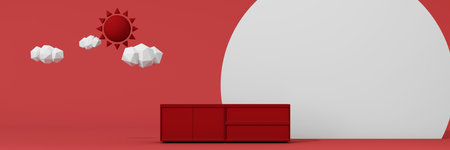 interior design concept Sale of home decorations and furniture During promotions and discounts, it is surrounded by sun and cloud rmchairs and advertising spaces banner. pastel background. 3d renderの写真素材