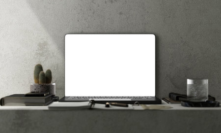 Co-working office interior with mock-up laptop white screen for presentation, coffee cup, stationery, plants and cat standing on a computer table. Front view workspace. 3d renderingの写真素材