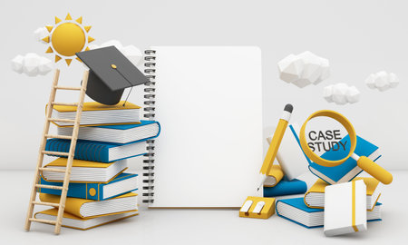 back to school concept and degree achievements from education. Minimal background for online education concept. Book with graduation hat on color pastel background. 3d rendering illustration.の写真素材