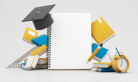 back to school concept and degree achievements from education. Minimal background for online education concept. Book with graduation hat on color pastel background. 3d rendering illustration.の写真素材