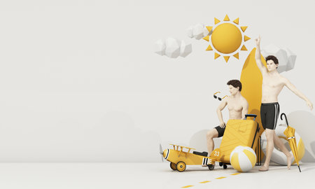 Model of a man wearing a swimsuit in a healthy body surrounded by travel equipment and travel bag in...