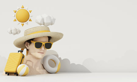 Model of a healthy male face wearing a hat and sunglasses in the concept of summer travel and the sea on a white background, cartoon style. 3d renderingの写真素材