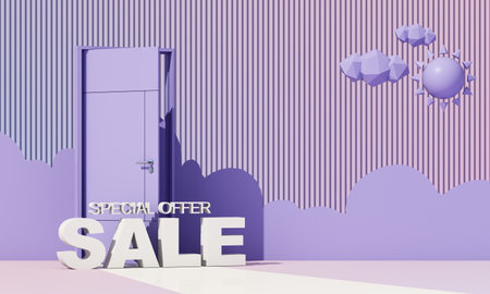 3d render, white clouds going through, flying out the open door, objects isolated on bright rainbow...