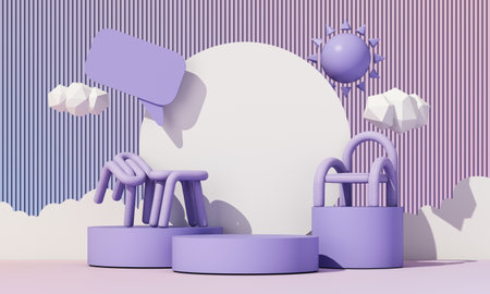 interior design concept Sale of home decorations and furniture During promotions, it is surrounded by sun and cloud armchairs and advertising spaces banner. rainbow pastel background. 3d renderingの写真素材