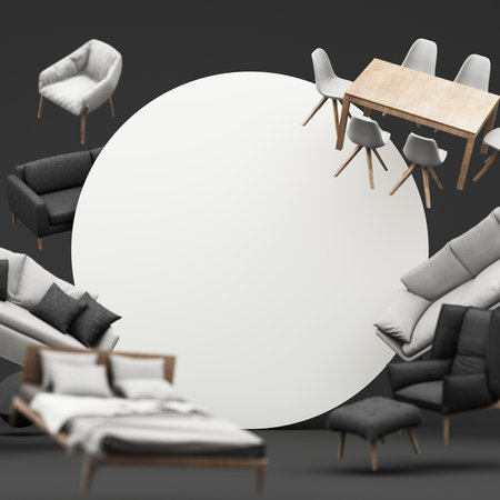 interior design concept Sale of home decorations and furniture During promotions and discounts, surrounded by beds, sofas, armchairs and advertising spaces banner. black background. 3d renderingの写真素材