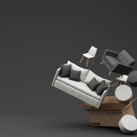 interior design concept Sale of home decorations and furniture During promotions and discounts, surrounded by beds, sofas, armchairs and advertising spaces banner. black background. 3d renderingの写真素材