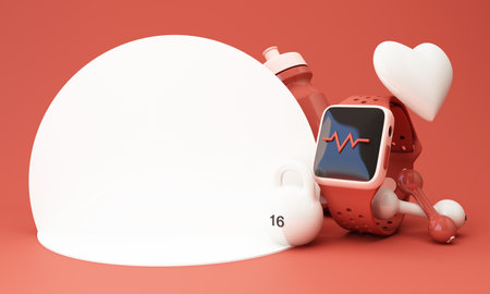 illustration smart watch. sport fitness equipment, podium product stand, yoga mat, bottle of water,...