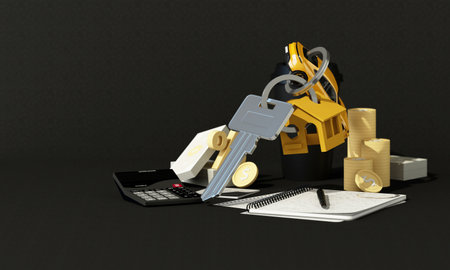 The concept of real estate and cars. Loan and insurance in yellow tones on black background House and car keychain surrounded by money and coins. 3d renderingの写真素材