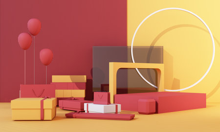 3d rendering realistic primitives composition. geometric shapes in motion on background. Abstract theme for trendy designs. Spheres, torus, tubes, yellow red and gray tone.の写真素材