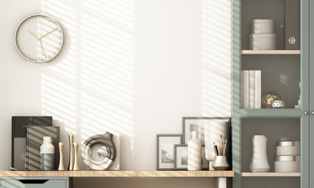 side view of desk consisting of stationary equipment and technological equipment with green plant pots in corner of work from home or freelance workspace on wooden table and white wall 3d renderの写真素材