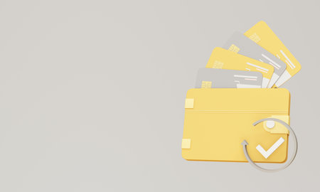 Wallet with dollar and credit cards. Realistic 3D render design in cartoon style. creative concept business finance investment exchange rebate, save money and monthly expenses. with advertising spaceの写真素材