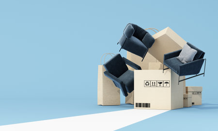 online shopping concept furniture surrounded by sofas, armchairs and fabric chairs, promotion sales...