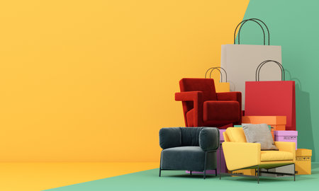 online shopping concept furniture surrounded by sofas, armchairs and fabric chairs, promotion sales for furniture, with shopping bag and shipping box on pastel background. 3d renderingの写真素材