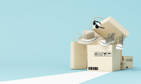 online shopping concept on the stand for product presentation surrounded by shopping bags and shipping boxes, sneakers, hats and sunglasses for men on a pastel blue background. 3d renderingの写真素材