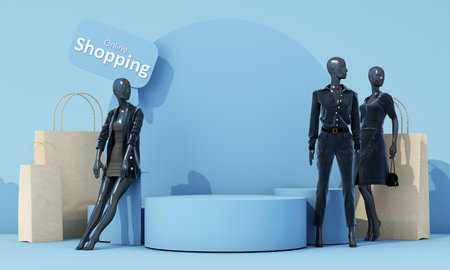 online shopping concept and promotional discounts in front of the store display Women's clothing and fashion Surrounded by mannequins and shopping bags on blue background. 3d rendering illustrationの写真素材