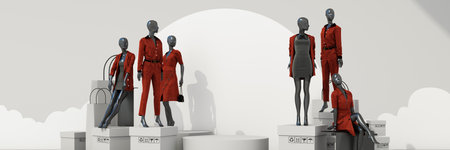 online shopping concept and promotional discounts in front of the store display Women's red clothing and fashion Surrounded by mannequins and shopping bags on white background. 3d renderingの写真素材