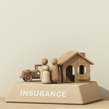 Model of a wooden house and a car with a on wood podium in the concept of real estate insurance and family financial future planning On a white background, cartoon style. 3D rendering.の写真素材